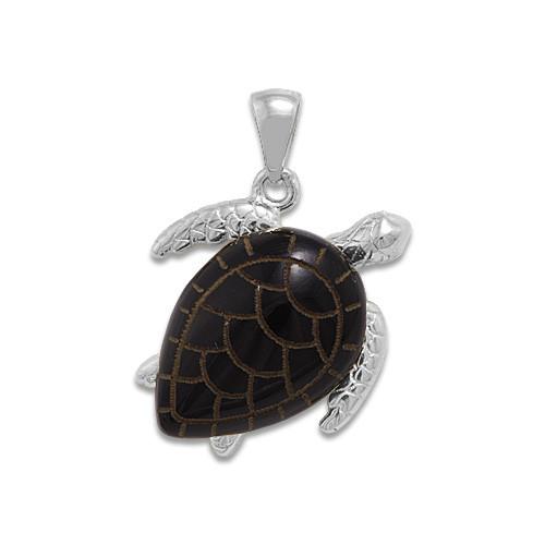 Black Coral Turtle Pendant in 14K White Gold - Medium