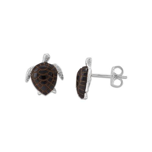 Black Coral Turtle Earrings in 14K White Gold - Small