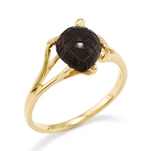 Black Coral Turtle Ring in 14K Yellow Gold