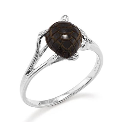 Black Coral Turtle Ring in 14K White Gold