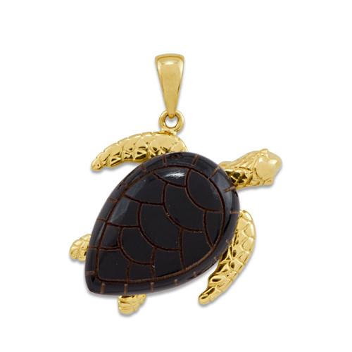 Black Coral Turtle Pendant in 14K Yellow Gold - Extra Large