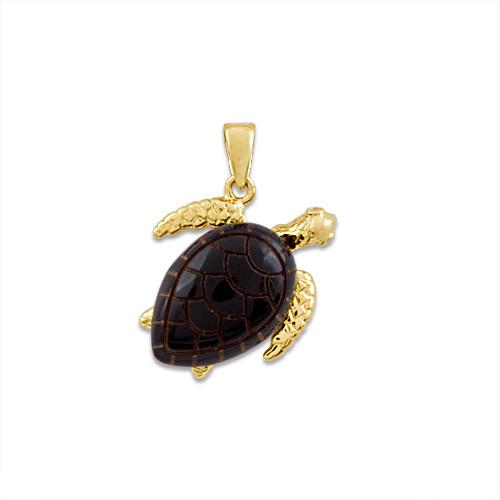 Black Coral Turtle Pendant with Diamonds in 14K Yellow Gold - Medium