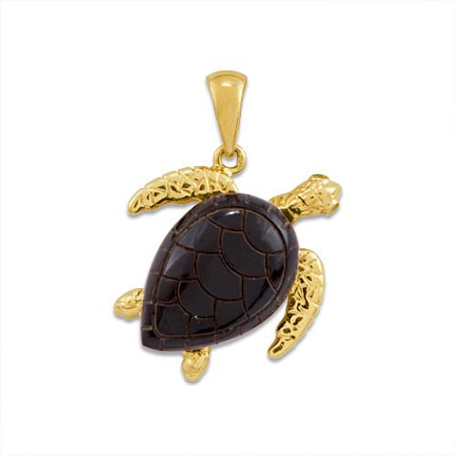 Black Coral Turtle Pendant with Diamonds in 14K Yellow Gold - Large