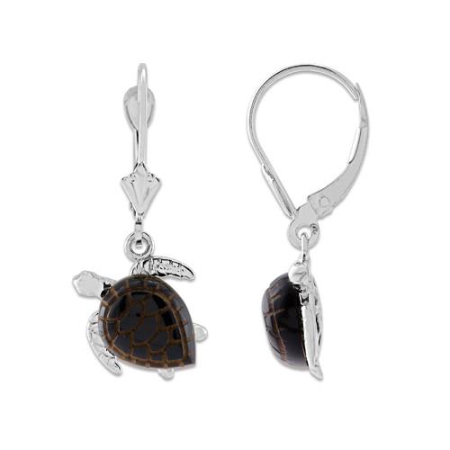 Black Coral Turtle Earrings in 14K White Gold - Small