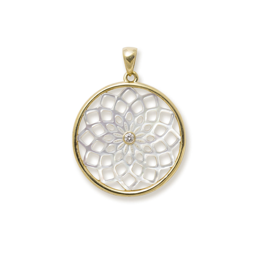 Protea Mother of Pearl Pendant with Diamond in 14K Yellow Gold - 22mm 031-00231