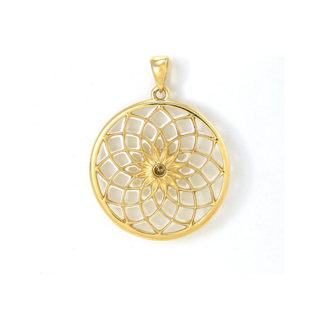 Protea Mother of Pearl Pendant with Diamond in 14K Yellow Gold - 22mm Back