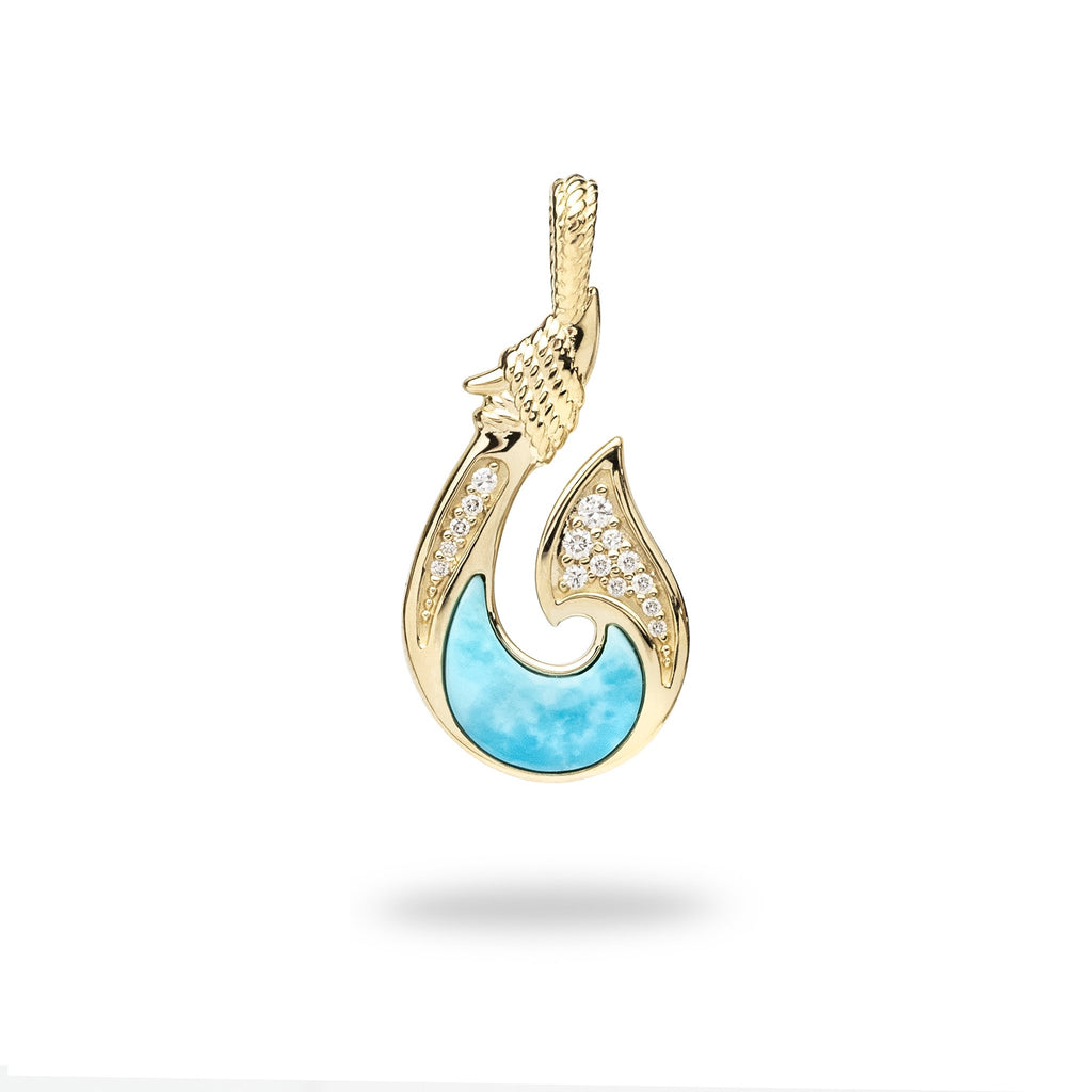 Fish Hook Turquoise Pendant in 14K Yellow Gold with Diamonds - 031-00366