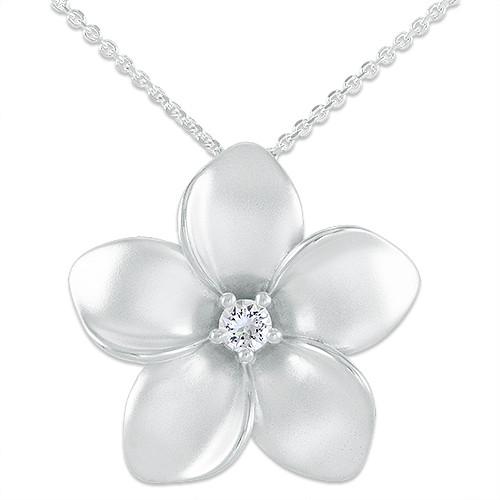 Plumeria Necklace with White Sapphire in Sterling Silver - 28mm