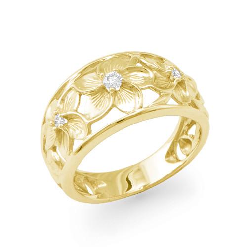Plumeria Scroll 11mm Ring with Diamonds in 14K Yellow Gold