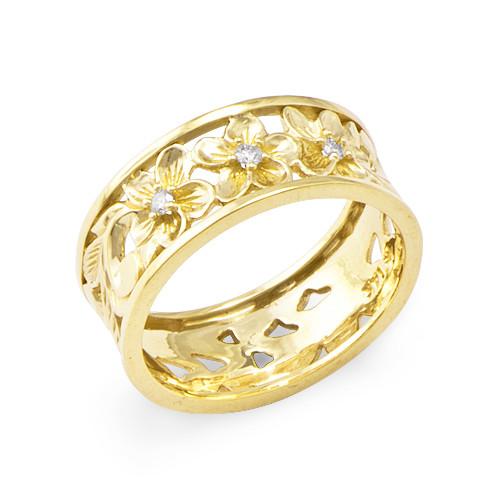 Plumeria Scroll 8mm Ring with Diamonds in 14K Yellow Gold - Size 7