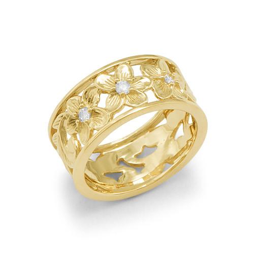 Plumeria Scroll 8mm Ring with Diamonds in 14K Yellow Gold - Size 5