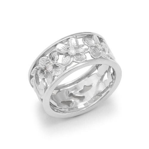 Plumeria Scroll 8mm Ring with Diamonds in 14K White Gold - Size 5
