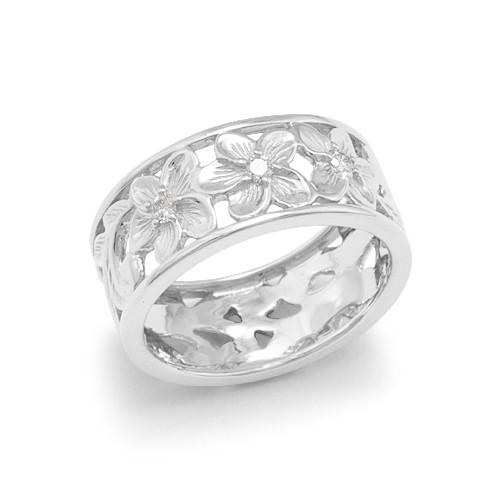 Plumeria Scroll 8mm Ring with Diamonds in 14K White Gold - Size 6