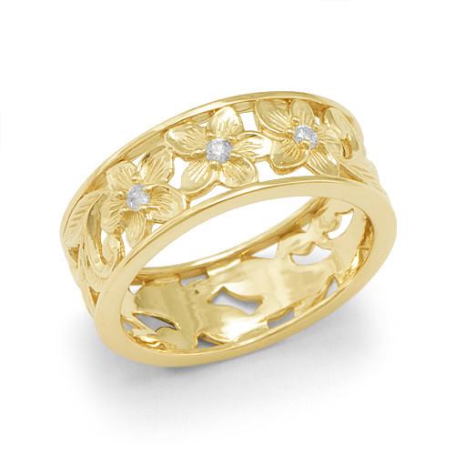 Plumeria Scroll 8mm Ring with Diamonds in 14K Yellow Gold - Size 9