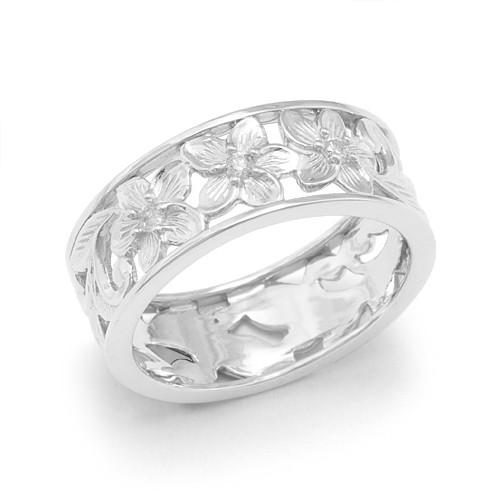 Plumeria Scroll 8mm Ring with Diamonds in 14K White Gold - Size 9