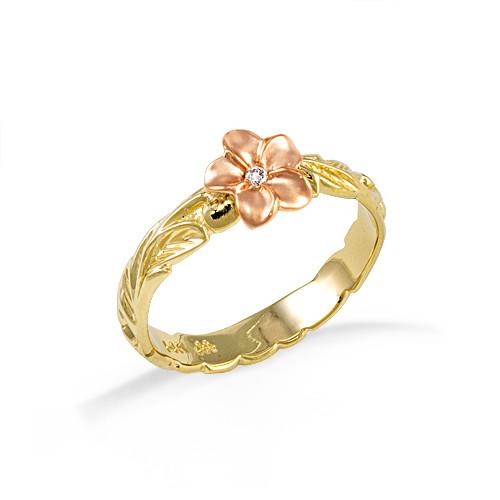 Old English Scroll with Plumeria 3mm Ring with Diamond in 14K Two-Tone Gold - Size 4