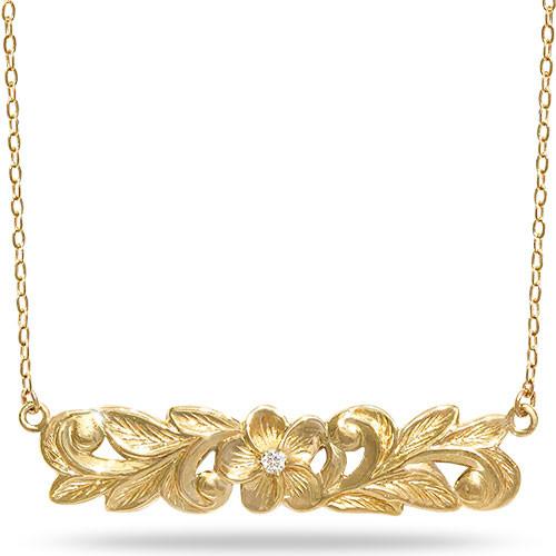 Plumeria Scroll Necklace with Diamond in 14K Yellow Gold - 39mm