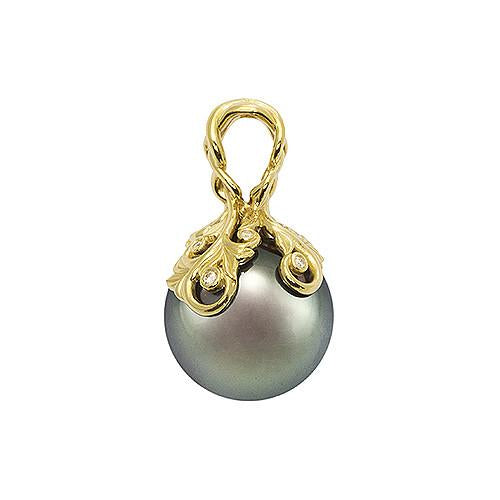 Tahitian Black Pearl Pendant with Diamonds in 14K Yellow Gold (14-15mm) Overview 074-00612