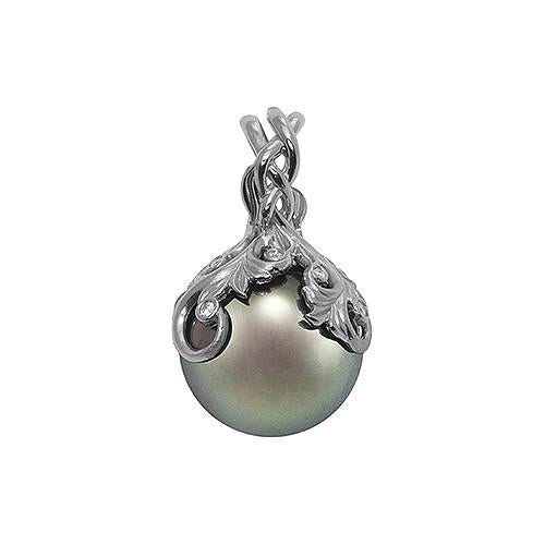 Tahitian Black Pearl Pendant with Diamonds in 14K White Gold (14-15mm) Back 074-00664