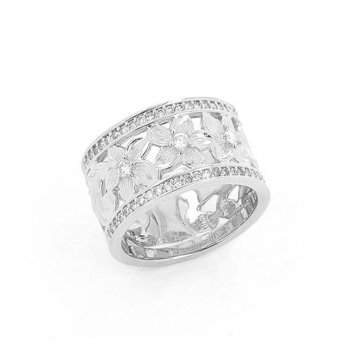 Plumeria Scroll 10mm Ring with Diamonds in 14K White Gold-Size 4-6 074-00675