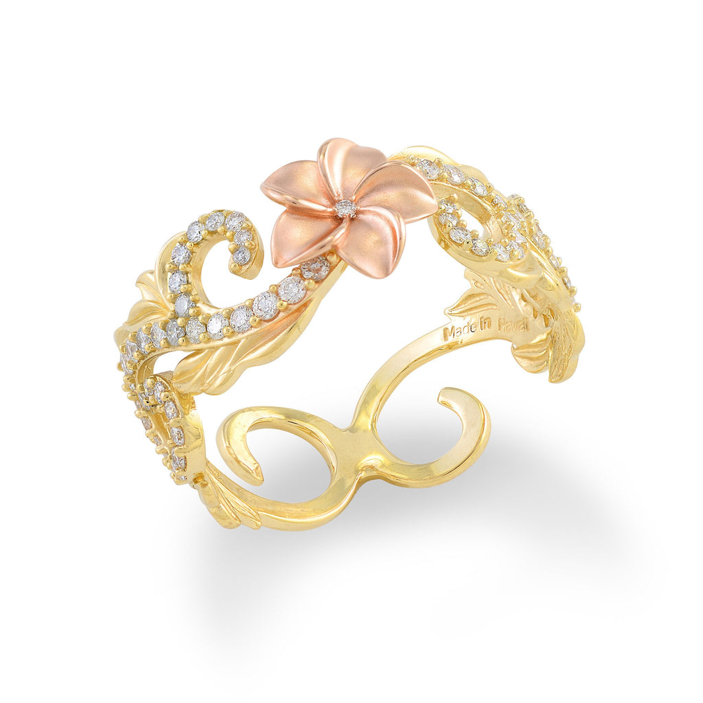 Plumeria Scroll 8mm Ring with Diamonds in 14K  Yellow and Rose Gold