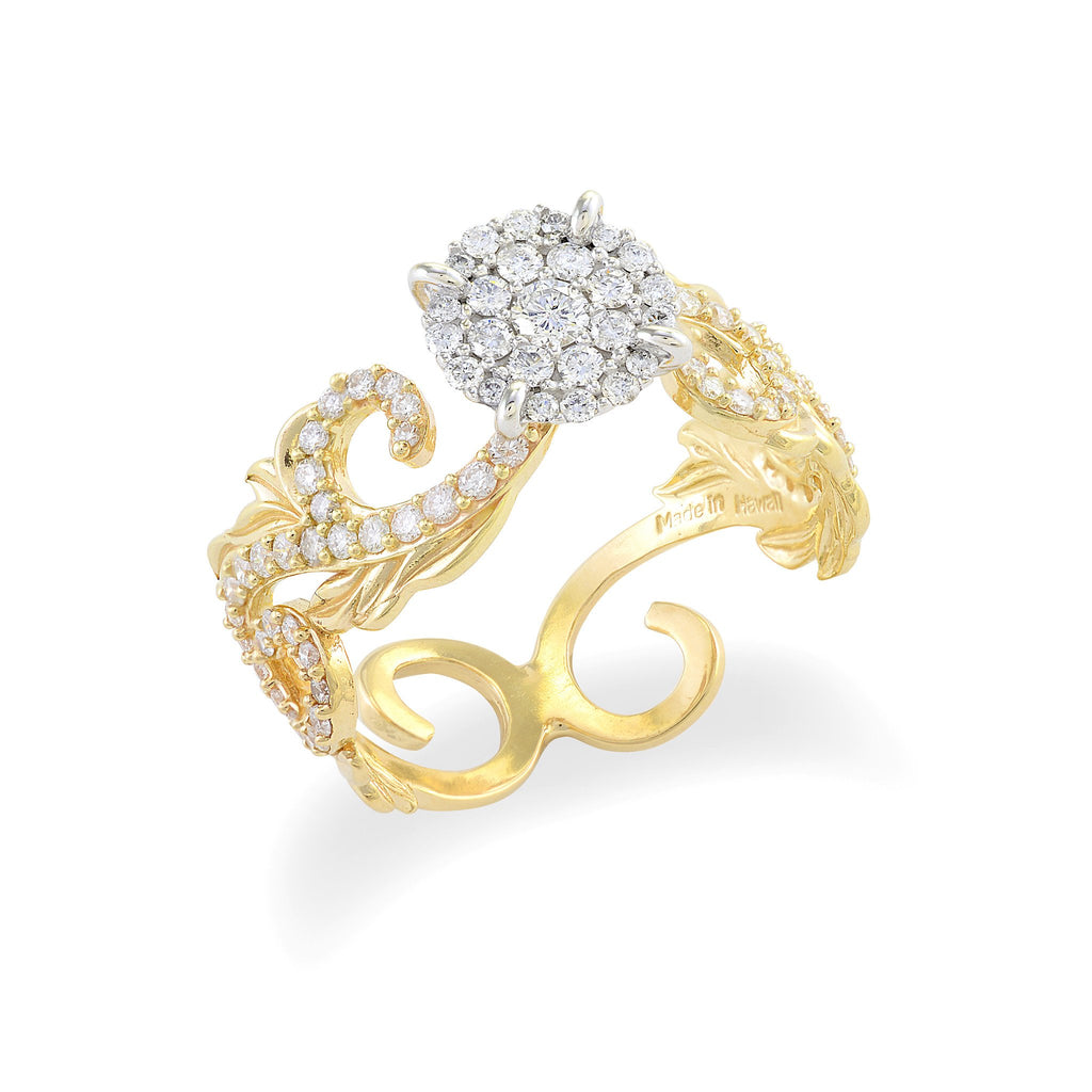 Plumeria Pave Scroll 8mm Ring with Diamonds in 14K Two Tone Gold 074-00688