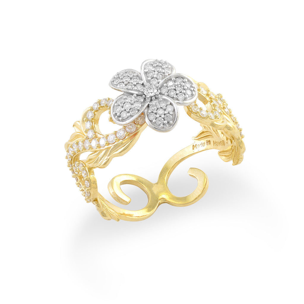 Plumeria Pave Scroll 10mm Ring with Diamonds in 14K Two Tone Gold 074-00689