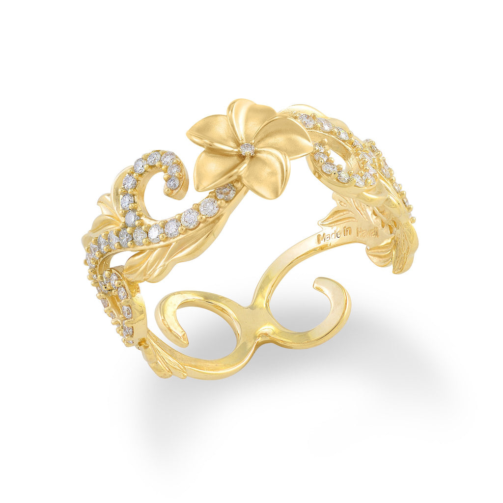 Plumeria Pave Scroll 8mm Ring with Diamonds in 14K Yellow Gold 074-00694