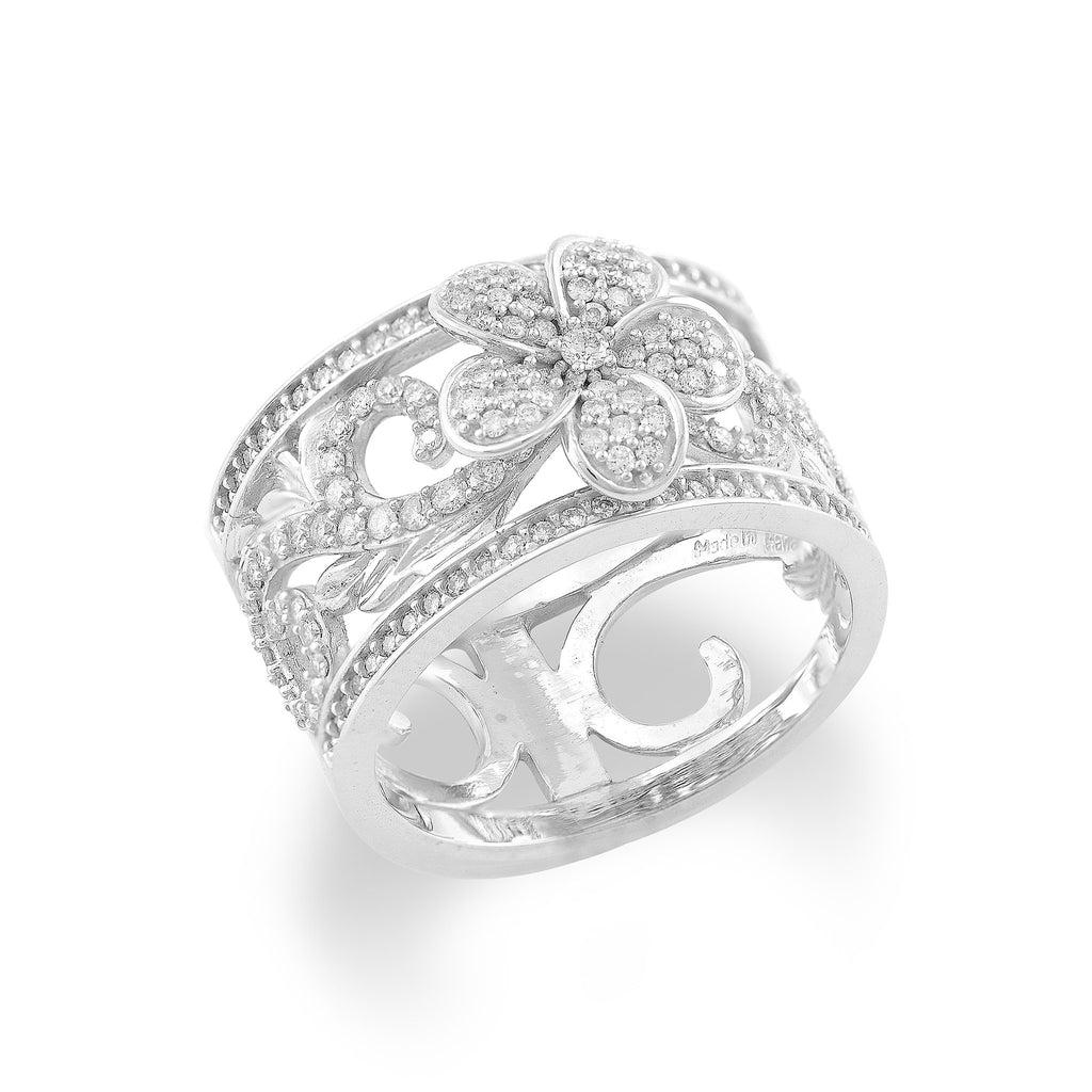 Hawaiian Heirloom Plumeria Pave Scroll 10mm Ring with Diamonds in 14K White Gold 074-00725