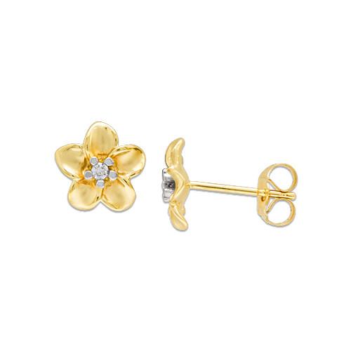 Plumeria Earrings with Diamonds in 14K Yellow Gold - 9mm