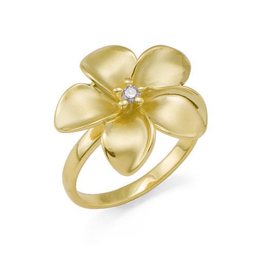 Plumeria Ring with Diamond in 14K Yellow Gold - 18mm