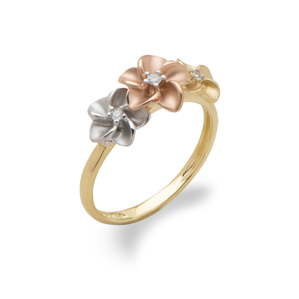 Plumeria Ring with Diamonds in 14K Tri-color Gold