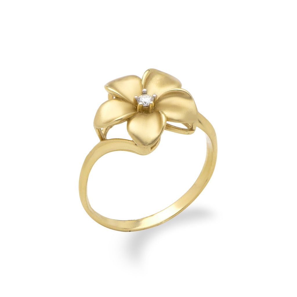 Plumeria Ring with Diamond in 14K Yellow Gold - 13mm
