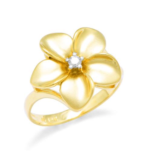 Plumeria Ring with Diamond in 14K Yellow Gold - 16mm