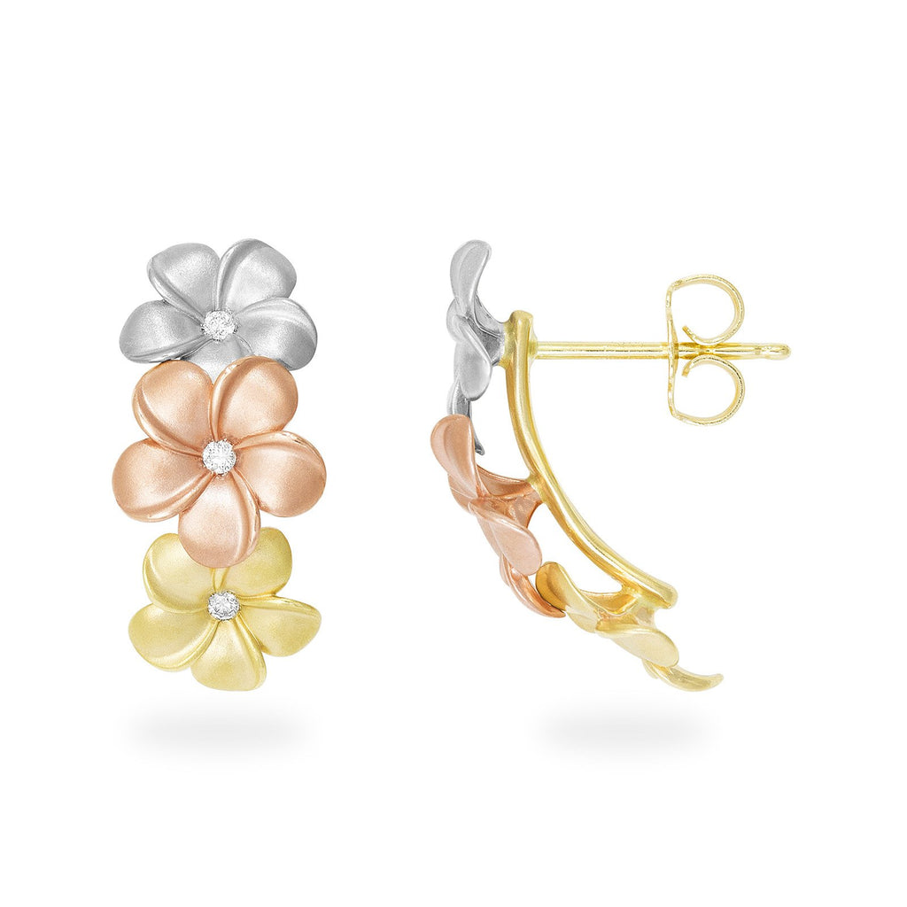Triple Plumeria pierced earrings with Diamonds in 14K Tri-Color Gold
