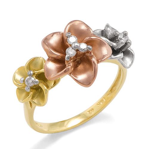 Plumeria Ring with Diamonds in 14K Tri-color Gold