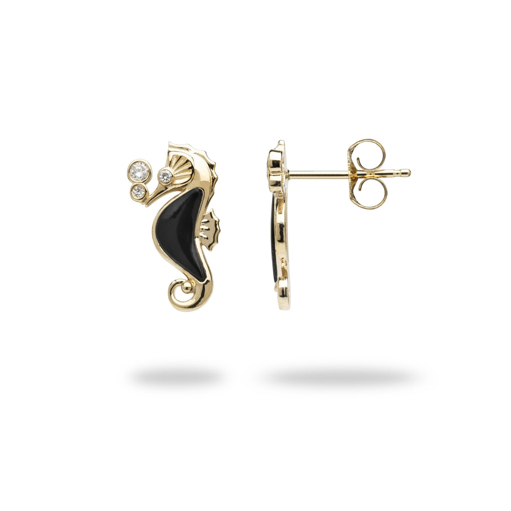 Black Coral Seahorse Earrings in Gold with Diamonds - 15mm 015-07061