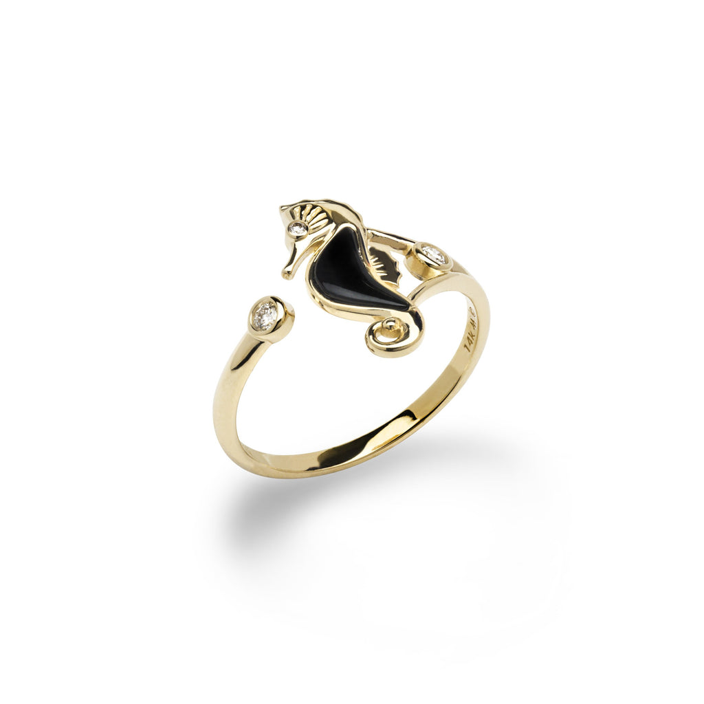 Black Coral Seahorse Ring in Gold with Diamonds - 15mm